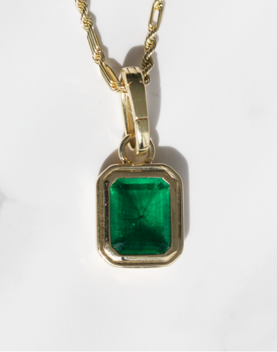 5CT Emerald-Cut Natural Green Quartz Charm in 18KT Solid Yellow Gold with 14KT Solid Yellow Gold Chain