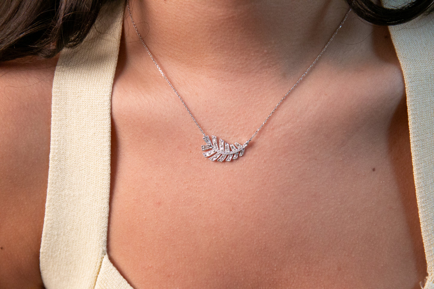 Diamond Leaf Pendant, White Gold