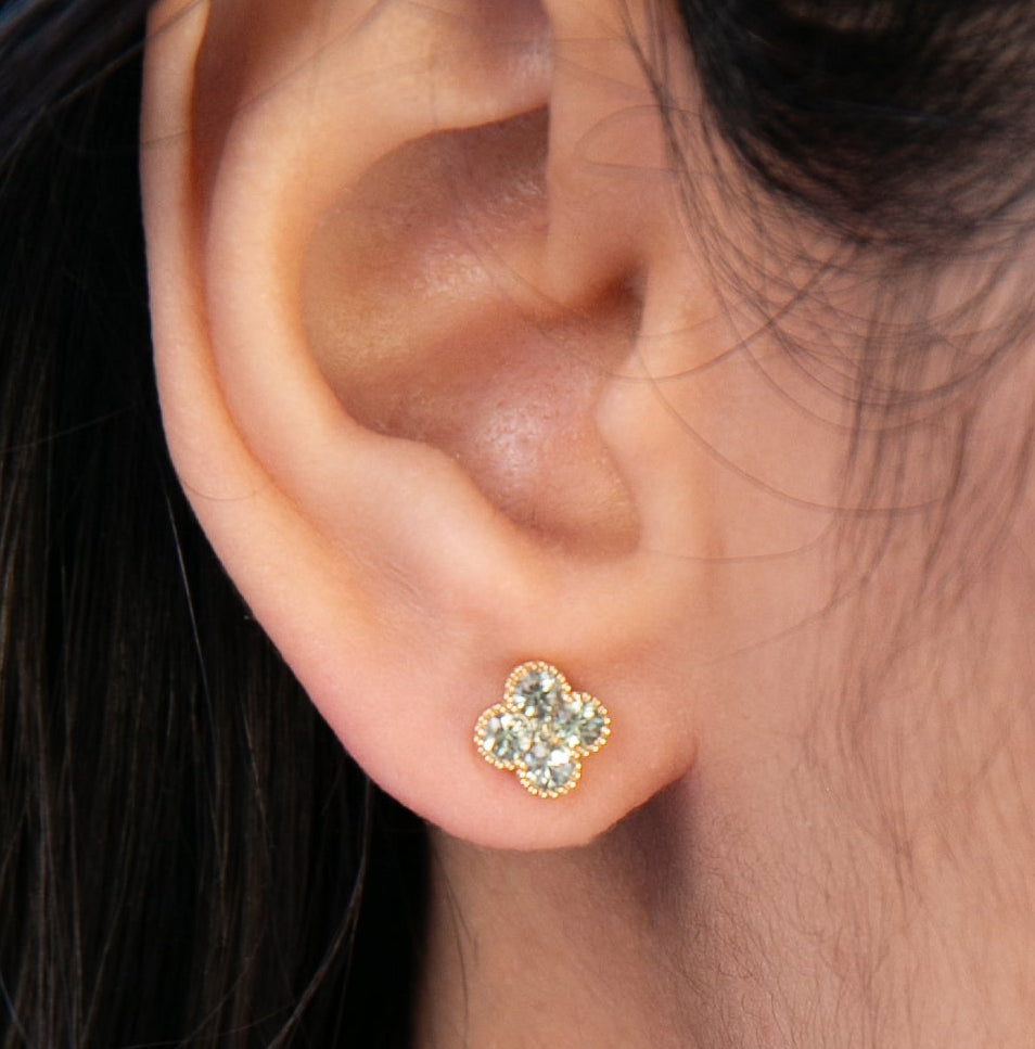Green Sapphire Clover Earrings in 18kt Solid Yellow Gold