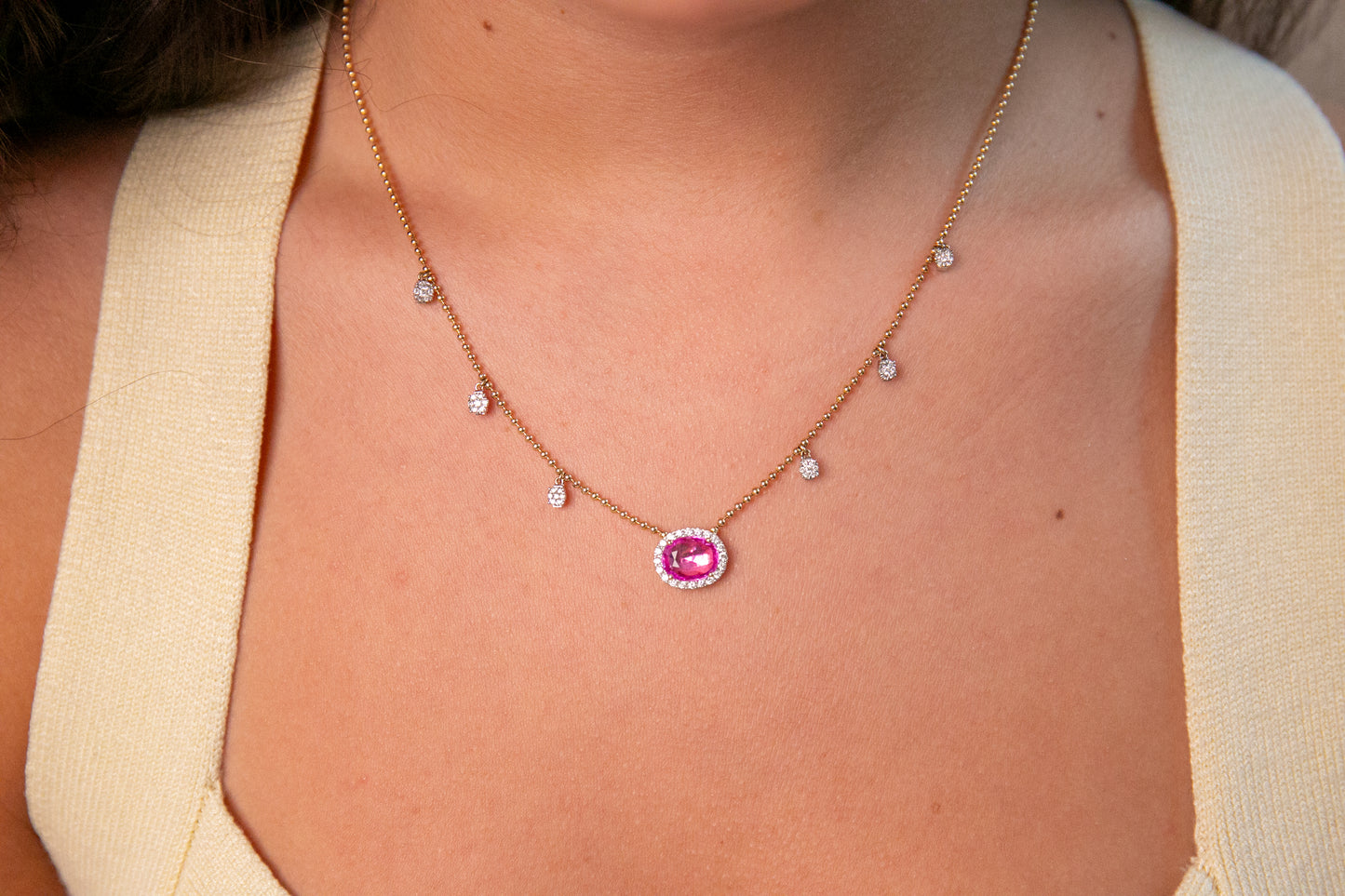 Pink Sapphire and Diamond Pendant on Solid Gold Bead and Diamond Chain