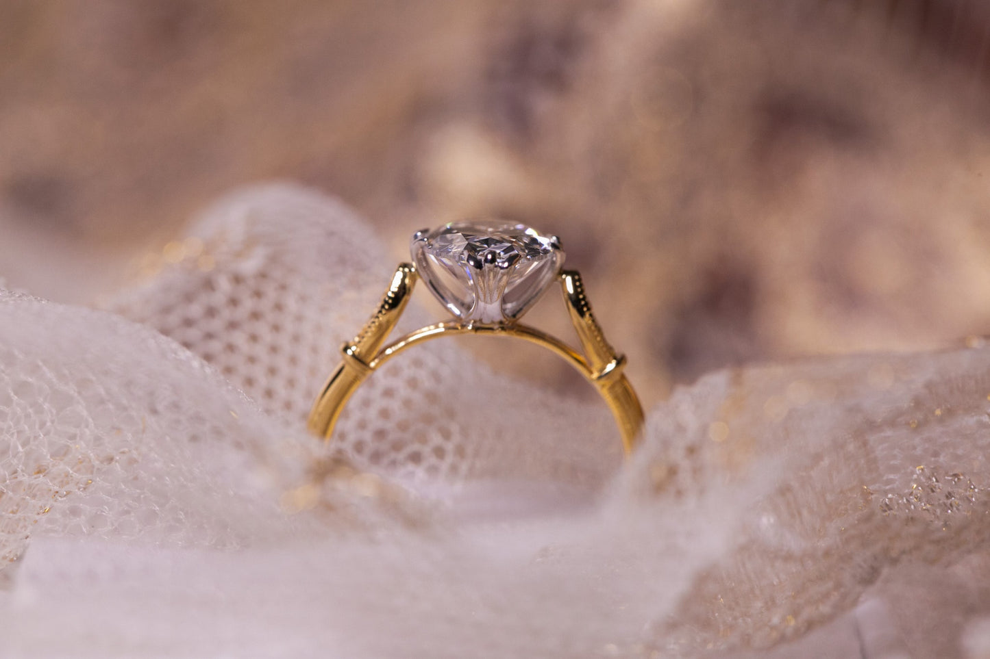 Custom Antique Lotus Moval Diamond Ring
