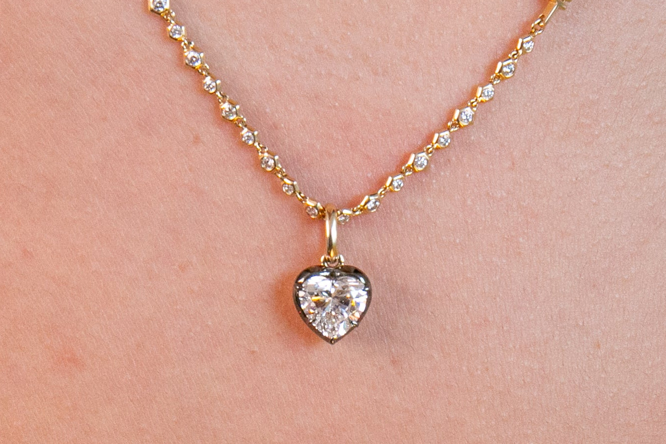 Antique Style Diamond Heart Pendant on Signature Diamond and Gold Chain