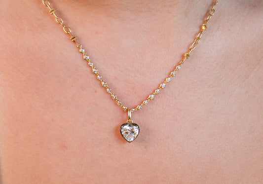Antique Style Diamond Heart Pendant on Signature Diamond and Gold Chain