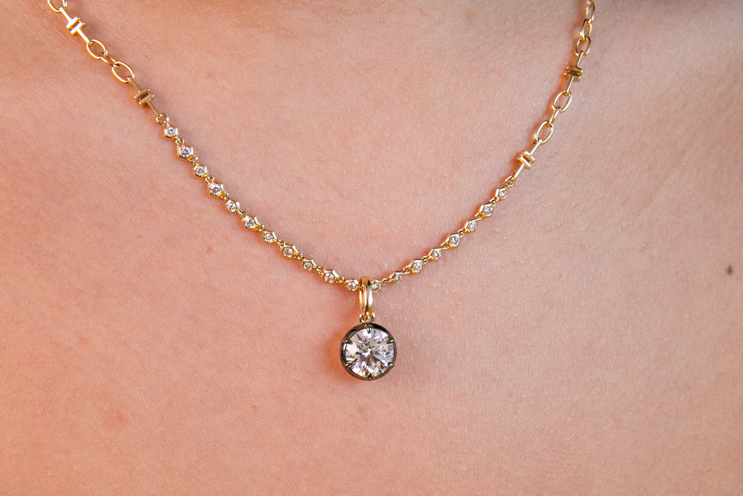 Antique Style Diamond Pendant on Signature Diamond and Gold Chain