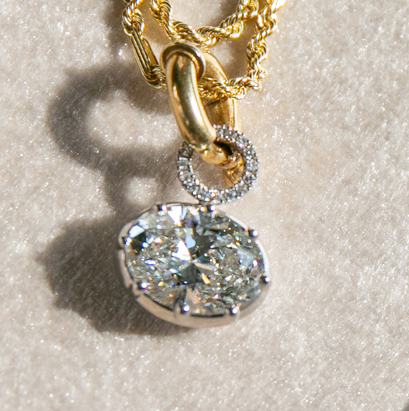 Antique Georgian Style 3CT Oval Diamond Charm in 14KT Solid White Gold with 14KT Solid Yellow Gold Chain
