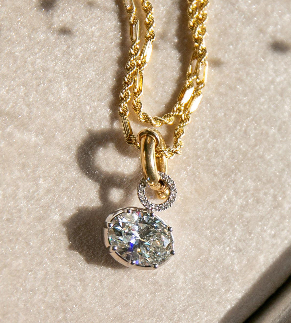 Antique Georgian Style 3CT Oval Diamond Charm in 14KT Solid White Gold with 14KT Solid Yellow Gold Chain