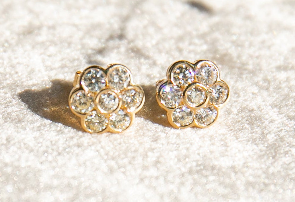 Diamond Flower Earrings in 14Kt Yellow Gold