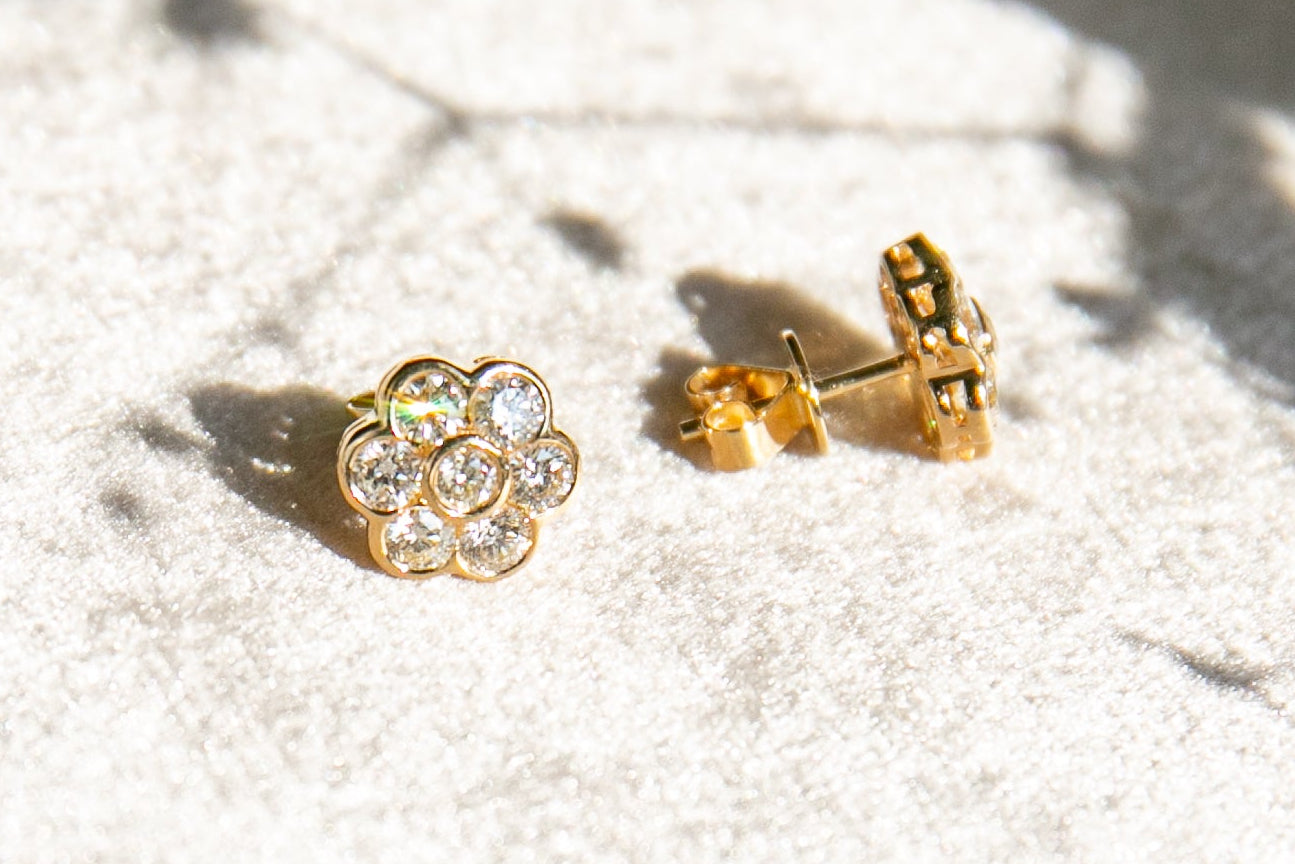 Diamond Flower Earrings in 14Kt Yellow Gold