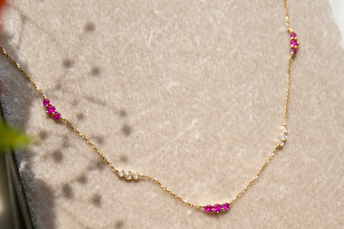 Natural Pink Sapphires and Diamonds on 14kt Yellow Gold Chain