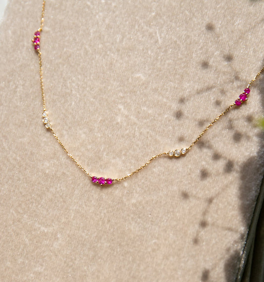 Natural Pink Sapphires and Diamonds on 14kt Yellow Gold Chain