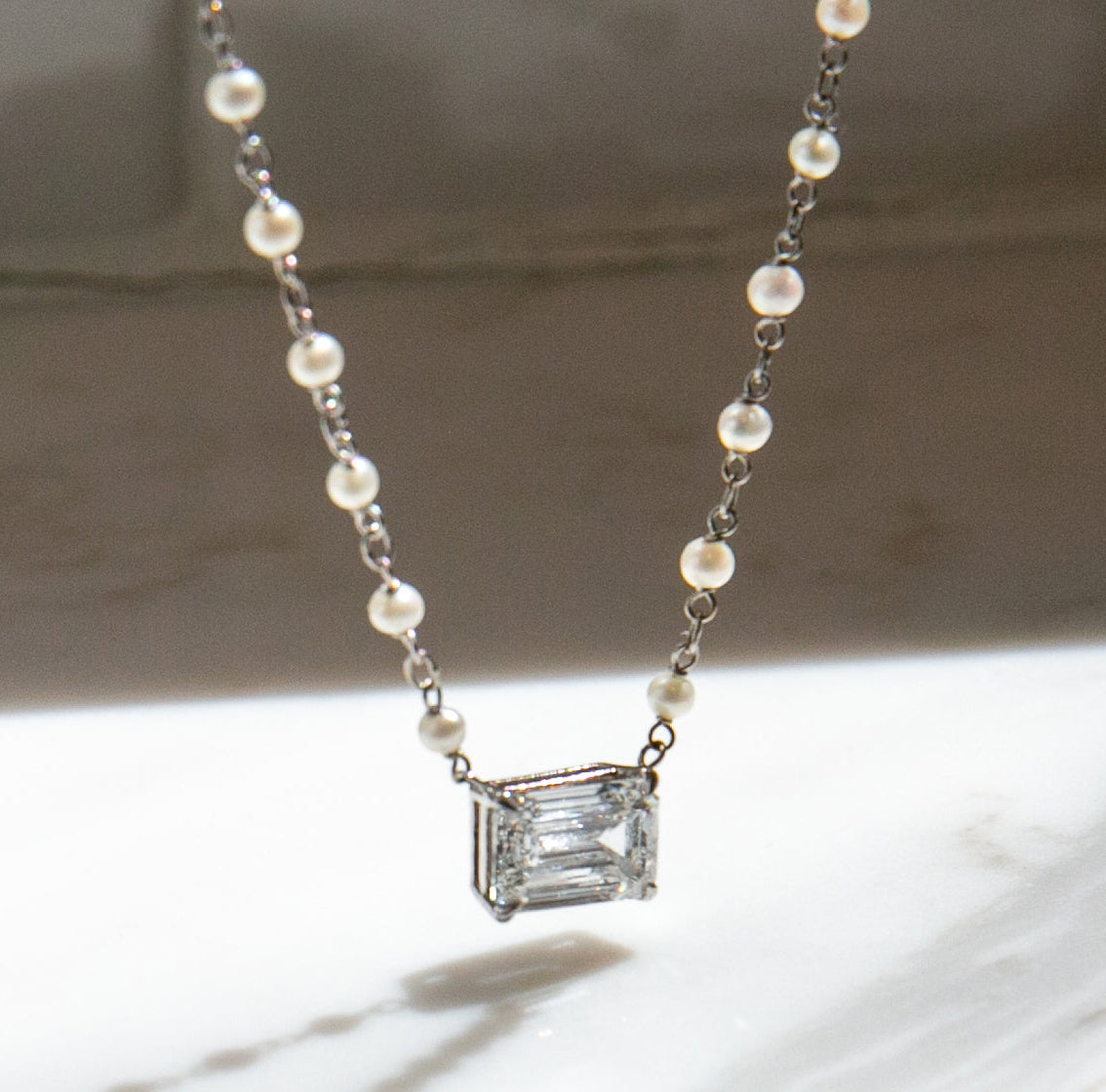 2CT Emerald Cut Diamond on Solid 18KT Vintage White Gold and Pearl Chain