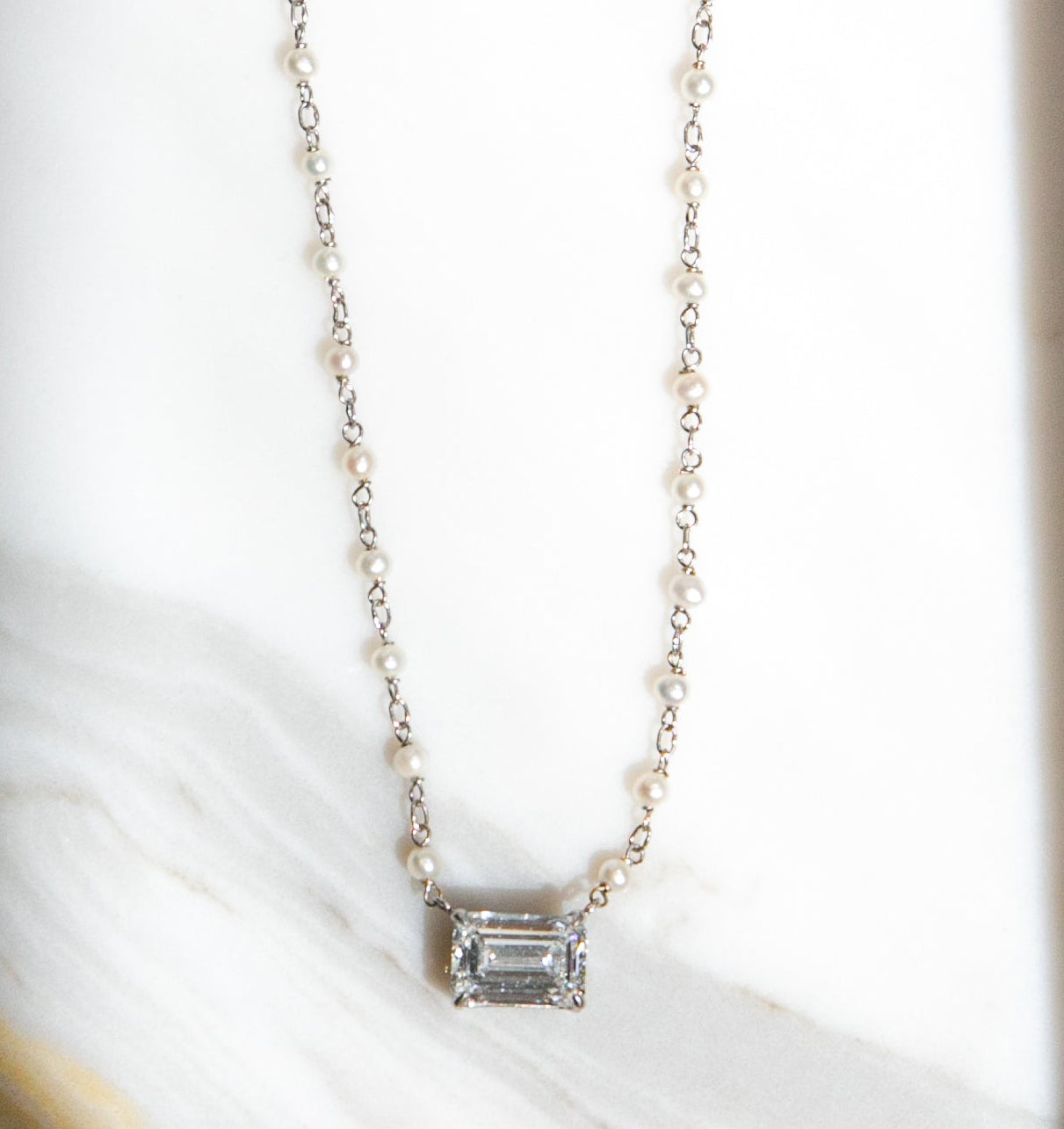 2CT Emerald Cut Diamond on Solid 18KT Vintage White Gold and Pearl Chain
