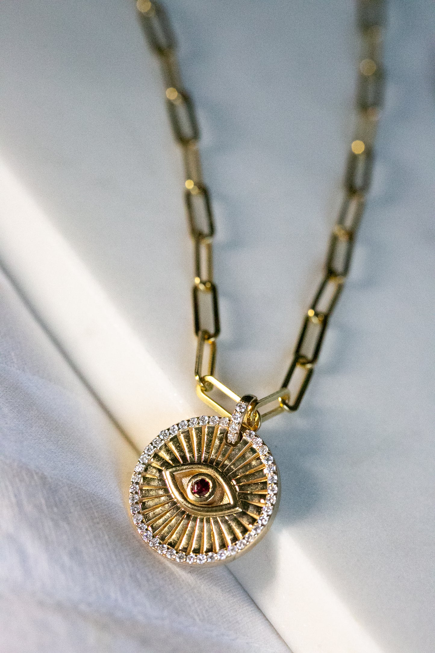 Talisman Diamond Evil Eye Gold Pendant on Paperclip Chain