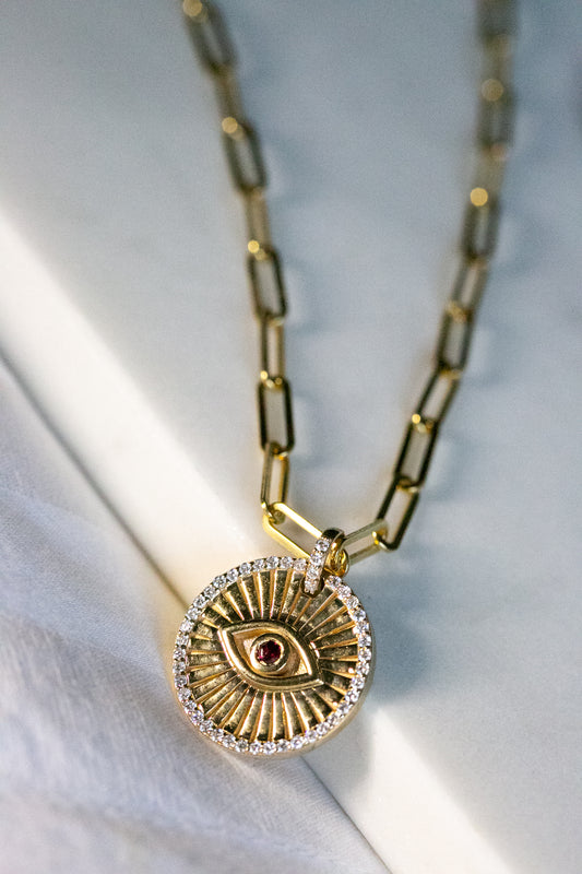Talisman Diamond Evil Eye Gold Pendant on Paperclip Chain