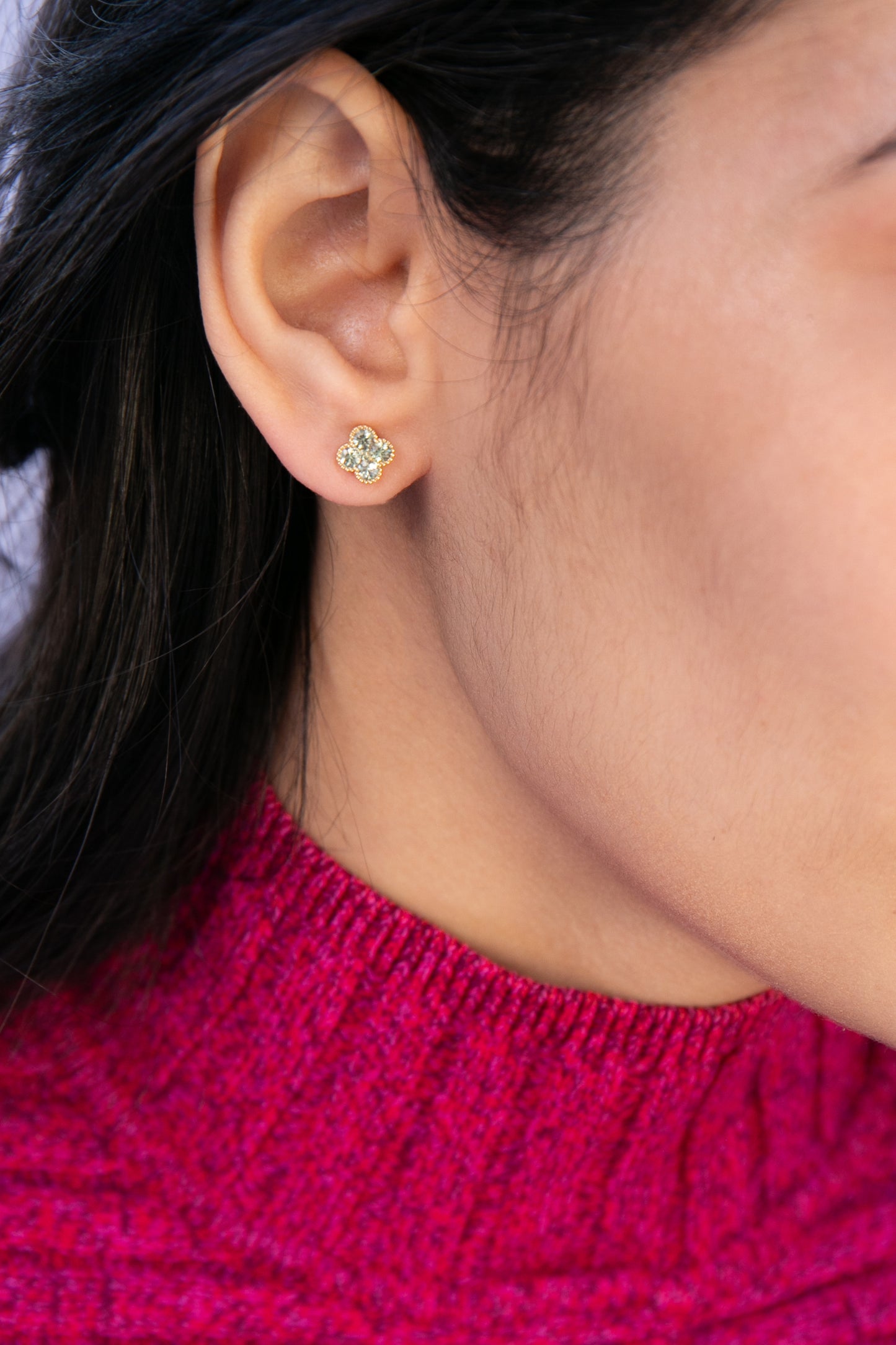 Green Sapphire Clover Earrings in 18kt Solid Yellow Gold