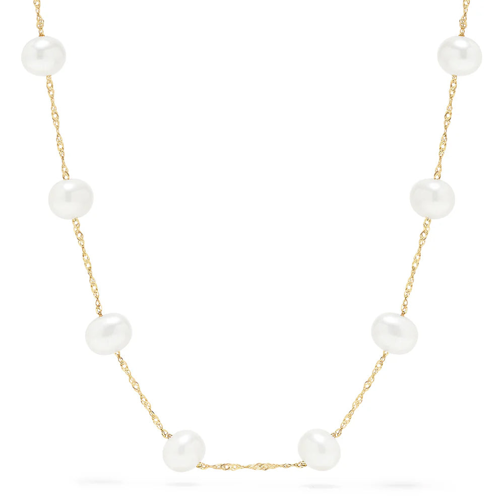 Fine Freshwater Pearl Station Necklace in 14KT Solid Yellow Gold
