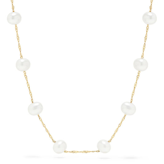 Fine Freshwater Pearl Station Necklace in 14KT Solid Yellow Gold