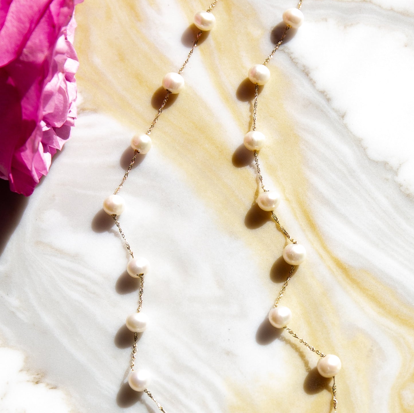 Fine Freshwater Pearl Station Necklace in 14KT Solid Yellow Gold