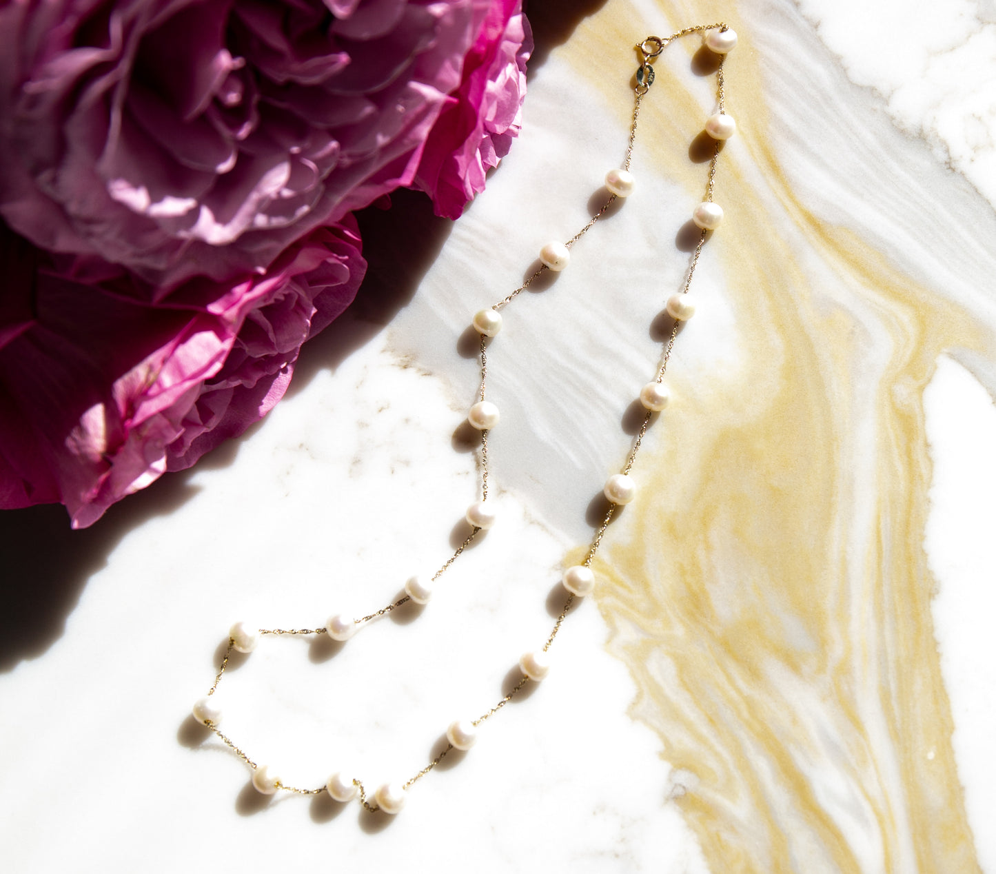 Fine Freshwater Pearl Station Necklace in 14KT Solid Yellow Gold