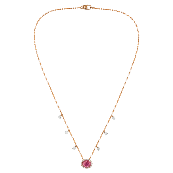 Pink Sapphire and Diamond Pendant on Solid Gold Bead and Diamond Chain