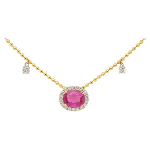 Pink Sapphire and Diamond Pendant on Solid Gold Bead and Diamond Chain