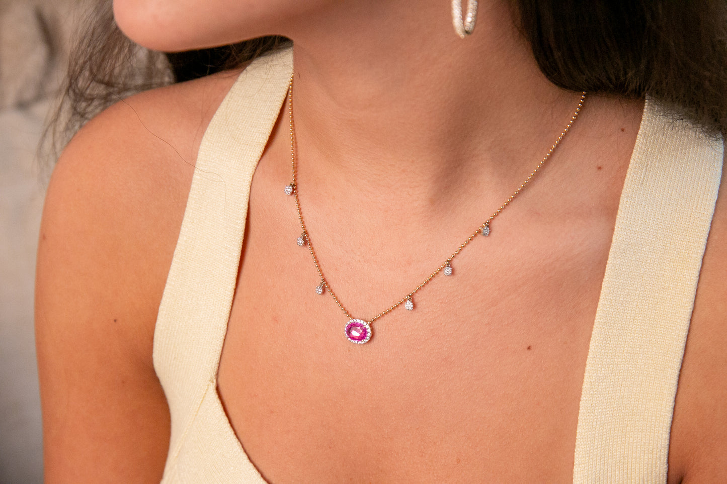 Pink Sapphire and Diamond Pendant on Solid Gold Bead and Diamond Chain