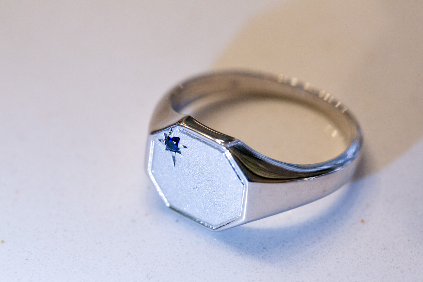 Custom North Star Men's Signet Ring, Blue Sapphire in White Gold