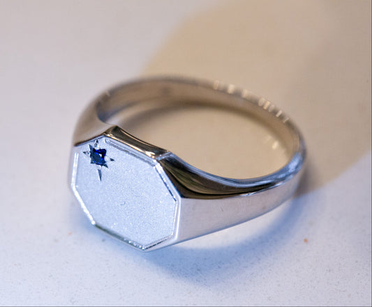 Custom North Star Men's Signet Ring, Blue Sapphire in White Gold