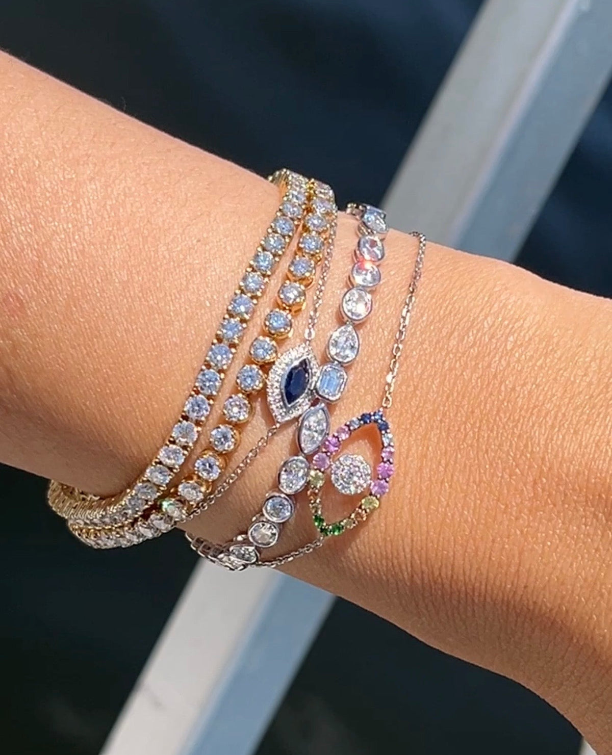 Mixed Shape Diamond Bezel Tennis Bracelet in White Gold