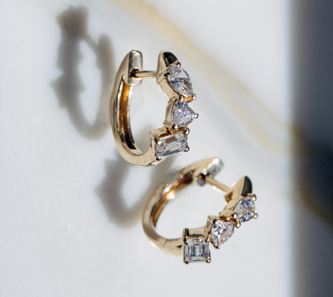 Mixed Diamond Huggie Earrings in 14kt Yellow Gold